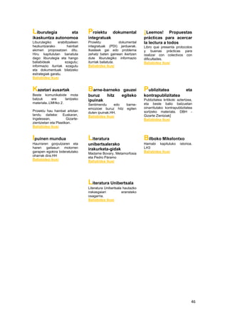 46
Liburutegia eta
ikaskuntza autonomoa
Liburutegiko erabiltzaileen
hezkuntzarako hainbat
ekimen proposatzen ditu.
Hiru kapitulutan banatuta
dago: liburutegia eta hango
baliabideak ezagutu;
informazio iturriak ezagutu
eta dokumentuak bilatzeko
estrategiak garatu.
Baliabidea ikusi
Proiektu dokumental
integratuak
Proiektu dokumental
integratuak (PDI) jarduerak.
Ikasleek gai edo problema
zehatz baten gainean ikertzen
dute liburutegiko informazio
iturriak baliatuta.
Baliabidea ikusi
¡Leemos! Propuestas
prácticas para acercar
la lectura a todos
Libro que presenta protocolos
y buenas prácticas para
realizar con colectivos con
dificultades.
Baliabidea ikusi
Kazetari ausartak
Beste komunikabide mota
batzuk ere lantzeko
materiala..LMHko 2.
Proiektu hau hainbat arlotan
landu daiteke: Euskaran,
Ingelesean, Gizarte-
zientzietan eta Plastikan.
Baliabidea ikusi
Barne-barneko gauzei
buruz hitz egiteko
ipuinak
Sentimendu edo barne-
emozioei buruz hitz egiten
duten ipuinak.HH.
Baliabidea ikusi
Publizitatea eta
kontrapublizitatea
Publizitatea kritikoki aztertzea,
eta beste balio batzuetan
oinarritutako kontrapublizitatea
sortzeko materiala. DBH -
Gizarte Zientziak]
Baliabidea ikusi
Ipuinen mundua
Haurraren gorputzaren eta
haren gaitasun motorren
garapen egokira bideratutako
oharrak dira.HH
Baliabidea ikusi
Literatura
unibertsalerako
irakurketa-gidak
Madame Bovary, Metamorfosia
eta Pedro Páramo
Baliabidea ikusi
Bilboko Mikelontxo
Hamabi kapituluko istorioa.
LH3
Baliabidea ikusi
Literatura Unibertsala
Literatura Unibertsala hautazko
irakasgaiari eransteko
osagarria.
Baliabidea ikusi
 