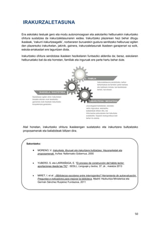 50
IRAKURZALETASUNA
Era askotako testuak gero eta modu autonomoagoan eta askotariko helburuekin irakurtzeko
ohitura sustatzea da irakurzaletasunaren xedea. Irakurtzeko plazerean hezi behar ditugu
ikasleak, ‘irakurri irakurtzeagatik’, norberaren buruarekin gustura sentitzeko helburuaz egiten
den plazerezko irakurketan, jakinik, gainera, irakurzaletasunak ikasleen garapenari ez ezik,
eskola-arrakastari ere laguntzen diola.
Irakurtzeko ohitura sendotzea ikasleen heziketaren funtsezko alderdia da; beraz, eskolaren
helburuetako bat da eta horretan, familiak eta inguruak ere parte hartu behar dute.
Atal honetan, irakurtzeko ohitura ikasleengan sustatzeko eta irakurtzera bultzatzeko
proposamenak eta baliabideak biltzen dira.
Sakontzeko:
 MORENO, V. Irakurketa, liburuak eta irakurtzera bultzatzea. Hausnarketak eta
proposamenak. Iruñea: Nafarroako Gobernua, 2000
 YUBERO, S. eta LARRAÑAGA, E. “El proceso de construcción del hábito lector:
aportaciones desde las TIC”. SEDLL, Lenguaje y textos, 37. zk , maiatza 2013
 MIRET, I. et al. ¿Bibliotecas escolares entre interrogantes? Herramienta de autoevaluación.
Preguntas e indicadores para mejorar la biblioteca. Madril: Hezkuntza Ministerioa eta
Germán Sánchez Ruipérez Fundazioa, 2011
 