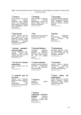 54
NOTA:. Gaur egun ARGITALETXE askok intersgarriak diren irakurketa sailkapenak eta jarduerak eskeintzen dituzte
euskaraz eta erderaz
Armiarma
Euskal literatura eta mundu
literatura euskaraz
irakurtzeko ataria. Testuak
irakurri eta deskargatzeko
aukera ematen du. E-liburuak
doan deskargatzeko aukera
ere ematen du.
Baliabidea ikusi
Ebooktegi
Mota guztietako euskarazko
liburuak dohainik
deskargatzeko gunea. Aldi
berean aukera ematen du
liburuak plazaratzeko.
Baliabidea ikusi
Eliburutegia
Euskadiko Irakurketa Publikoko
Sareko liburutegiek eskaintzen
duten plataforma honetan
askotariko eliburuak eskuratu
daitezke.
Baliabidea ikusi
Habe-ipuinak
Ipuinak, narrazio laburrak,
irrati nobelak entzun eta
irakurtzeko gunea. Ipuinak
irakurri eta entzuteko. HHtik
Batxilergora bitarteko
materialak topa daitezke.
Baliabidea ikusi
Aittu
Ipuinak eta narrazio laburrak
irakurtzeko eta entzuteko.
Baliabidea ikusi
Irakurlee
Adin guztietarako
irakurleentzako irakurketa
gidak. Euskaraz eta
gaztelaniaz.
Baliabidea ikusi
Liburuak gozagarri.
Liburuen gidak
Liburuak aukeratzeko gida.
Idazleek beren burua
aurkeztu eta liburu pare bat
gomendatzen dizute.
Baliabidea ikusi
Bularretik Mintzora
Irakurtzeko zaletasuna
sustatzeko egitasmoa.
Baliabide ugari eskaintzen
ditu. Etxean kantu kontari.
HH. 0-6 urte bitarteko
haurrak.
Baliabidea ikusi
Ezinbestekoak
Galtzagorri elkarteak, urtero,
50 ezinbestekoen zerrenda
ezberdina zintzilikatzen du.
Irakurgaien zerrendak.
Baliabidea ikusi
Clic clic clic. Cuentos
interactivos.
Ipuinen bildumak (3-6; 6-9
urte).
Baliabidea ikusi
Cuentos redondos
Ahozko tradizioko literaturara
hurbiltzeko proposamena.
HH, LH eta zailtasunak
dituzten ikasleekin.
Baliabidea ikusi
Canal lector
German Sánchez Rupérez
Fundazioaren webgunea.
Liburuen erreseinak eta
irakurketa gidak biltzen ditu.
Baliabidea ikusi
La estación azul de
los niños
Estación azul irratsaioko
podcast-ak umeei zuzendua.
Bertan, liburuak
gomendatzen dira
haurrentzat zein gazteentzat.
Baliabidea ikusi
Genero beltza eta
misteriozkoa
Euskal Herriko eta munduko
eleberri beltzaren inguruko
hausnarketa egitea hainbat
ariketaren bidez. DBH.
Baliabidea ikusi
Urregorria
Gogoeta egiteko
testuak.Batx.
Baliabidea ikusi
Literatura
unibertsala. Literatura
erotikoa Literatutra
erotikoan sakontzeko
abiapuntua emateko testu
biduma. Batx.
Baliabidea ikusi
 