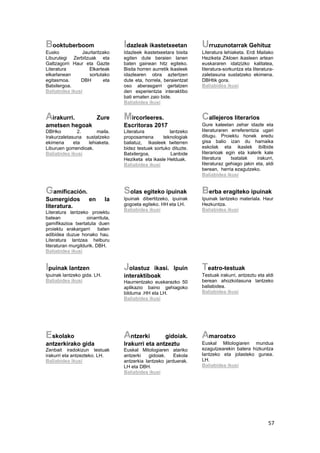 57
Booktuberboom
Eusko Jaurlaritzako
Liburutegi Zerbitzuak eta
Galtzagorri Haur eta Gazte
Literatura Elkarteak
elkarlanean sortutako
egitasmoa. DBH eta
Batxilergoa.
Baliabidea ikusi
Idazleak ikastetxeetan
Idazleek ikastetxeetara bisita
egiten dute beraien lanen
baten gainean hitz egiteko.
Bisita horren aurretik ikasleek
idazlearen obra aztertzen
dute eta, horrela, beraientzat
oso aberasgarri gertatzen
den esperientzia interaktibo
bati ematen zaio bide.
Baliabidea ikusi
Urruzunotarrak Gehituz
Literatura lehiaketa. Erdi Mailako
Heziketa Zikloen ikasleen artean
euskararen idatzizko kalitatea,
literatura-sorkuntza eta literatura-
zaletasuna sustatzeko ekimena.
DBHtik gora.
Baliabidea ikusi
Airakurri. Zure
ametsen hegoak
DBHko 2. maila.
Irakurzaletasuna sustatzeko
ekimena eta lehiaketa.
Liburuen gomendioak.
Baliabidea ikusi
Mircorleeres.
Escritoras 2017
Literatura lantzeko
proposamena teknologiak
baliatuz, Ikasleek twiterren
bidez testuak sortuko dituzte.
Batxilergoa, Lanbide
Heziketa eta ikasle Helduak.
Baliabidea ikusi
Callejeros literarios
Gure kaleetan zehar idazle eta
literaturaren erreferentzia ugari
ditugu. Proiektu honek eredu
gisa balio izan du hamaika
eskolak eta ikaslek ibilbide
literarioak egin eta kalerik kale
literatura txatalak irakurri,
literaturaz gehiago jakin eta, aldi
berean, herria ezagutzeko.
Baliabidea ikusi
Gamificación.
Sumergidos en la
literatura.
Literatura lantzeko proiektu
batean oinarrituta,
gamifikazioa txertatuta duen
proiektu erakargarri baten
adibidea duzue honako hau.
Literatura lantzea helburu
literaturan murgildurik. DBH.
Baliabidea ikusi
Solas egiteko ipuinak
Ipuinak dibertitzeko, ipuinak
gogoeta egiteko. HH eta LH.
Baliabidea ikusi
Berba eragiteko ipuinak
Ipuinak lantzeko materiala. Haur
Hezkuntza.
Baliabidea ikusi
Ipuinak lantzen
Ipuinak lantzeko gida. LH.
Baliabidea ikusi
Jolastuz ikasi. Ipuin
interaktiboak
Haurrentzako euskarazko 50
aplikazio baino gehiagoko
bilduma .HH eta LH.
Baliabidea ikusi
Teatro-testuak
Testuak irakurri, antzeztu eta aldi
berean ahozkotasuna lantzeko
baliabidea.
Baliabidea ikusi
Eskolako
antzerkirako gida
Zenbait iradokizun testuak
irakurri eta antzezteko. LH.
Baliabidea ikusi
Antzerki gidoiak.
Irakurri eta antzeztu
Euskal Mitologiaren atariko
antzerki gidoiak. Eskola
antzerkia lantzeko jarduerak.
LH eta DBH.
Baliabidea ikusi
Amaroatxo
Euskal Mitologiaren mundua
ezagutzearekin batera hizkuntza
lantzeko eta jolasteko gunea.
LH.
Baliabidea ikusi
 