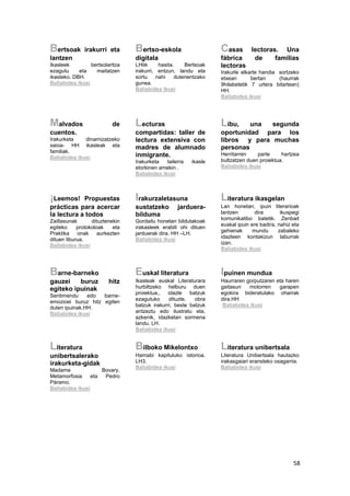 58
Bertsoak irakurri eta
lantzen
Ikasleek bertsolaritza
ezagutu eta maitatzen
ikasteko. DBH.
Baliabidea ikusi
Bertso-eskola
digitala
LHtik hasita. Bertsoak
irakurri, entzun, landu eta
sortu nahi dutenentzako
gunea.
Baliabidea ikusi
Casas lectoras. Una
fábrica de familias
lectoras
Irakurle elkarte handia sortzeko
etxean bertan (haurrak
9hilabetetik 7 urtera bitartean)
HH.
Baliabidea ikusi
Malvados de
cuentos.
Irakurketa dinamizatzeko
saioa- HH ikasleak eta
familiak.
Baliabidea ikusi
Lecturas
compartidas: taller de
lectura extensiva con
madres de alumnado
inmigrante.
Irakurketa tailerra ikasle
etorkinen amekin .
Baliabidea ikusi
Libu, una segunda
oportunidad para los
libros y para muchas
personas
Herritarren parte hartzea
bultzatzen duen proiektua.
Baliabidea ikusi
¡Leemos! Propuestas
prácticas para acercar
la lectura a todos
Zailtasunak dituztenekin
egiteko protokoloak eta
Praktika onak aurkezten
dituen liburua.
Baliabidea ikusi
Irakurzaletasuna
sustatzeko jarduera-
bilduma
Gordailu honetan bildutakoak
irakasleek erabili ohi dituen
jarduerak dira. HH –LH.
Baliabidea ikusi
Literatura ikasgelan
Lan honetan, ipuin literarioak
lantzen dira ikuspegi
komunikatibo batetik. Zenbait
euskal ipuin ere badira, nahiz eta
gehienak mundu zabaleko
idazleen kontakizun laburrak
izan.
Baliabidea ikusi
Barne-barneko
gauzei buruz hitz
egiteko ipuinak
Sentimendu edo barne-
emozioei buruz hitz egiten
duten ipuinak.HH.
Baliabidea ikusi
Euskal literatura
Ikasleak euskal Literaturara
hurbiltzeko helburu duen
proiektua., idazle batzuk
ezagutuko dituzte, obra
batzuk irakurri, beste batzuk
antzeztu edo ilustratu eta,
azkenik, idazketan sormena
landu. LH.
Baliabidea ikusi
Ipuinen mundua
Haurraren gorputzaren eta haren
gaitasun motorren garapen
egokira bideratutako oharrak
dira.HH
Baliabidea ikusi
Literatura
unibertsalerako
irakurketa-gidak
Madame Bovary,
Metamorfosia eta Pedro
Páramo.
Baliabidea ikusi
Bilboko Mikelontxo
Hamabi kapituluko istorioa.
LH3.
Baliabidea ikusi
Literatura unibertsala
Literatura Unibertsala hautazko
irakasgaiari eransteko osagarria.
Baliabidea ikusi
 