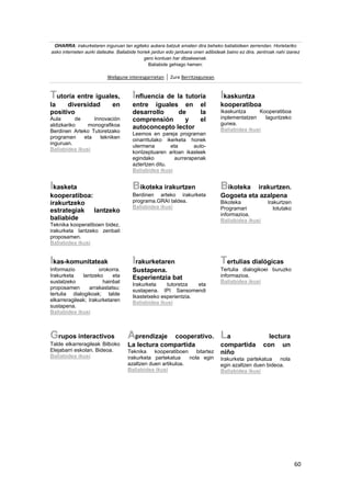 60
OHARRA: irakurketaren inguruan lan egiteko aukera batzuk ematen dira beheko baliabideen zerrendan. Horietariko
asko interneten aurki daitezke. Baliabide horiek jardun edo jarduera onen adibideak baino ez dira, zentroak nahi izanez
gero kontuan har ditzakeenak.
Baliabide gehiago hemen:
Webgune interesgarrietan Zure Berritzegunean
Tutoría entre iguales,
la diversidad en
positivo
Aula de Innovación
aldizkariko monografikoa
Berdinen Arteko Tutoretzako
programen eta tekniken
inguruan.
Baliabidea ikusi
Influencia de la tutoría
entre iguales en el
desarrollo de la
comprensión y el
autoconcepto lector
Leemos en pareja programan
oinarritutako ikerketa honek
ulermena eta auto-
kontzeptuaren arloan ikasleek
egindako aurrerapenak
aztertzen ditu.
Baliabidea ikusi
Ikaskuntza
kooperatiboa
Ikaskuntza Kooperatiboa
inplementatzen laguntzeko
gunea.
Baliabidea ikusi
Ikasketa
kooperatiboa:
irakurtzeko
estrategiak lantzeko
baliabide
Teknika kooperatiboen bidez,
irakurketa lantzeko zenbait
proposamen.
Baliabidea ikusi
Bikoteka irakurtzen
Berdinen arteko irakurketa
programa.GRAI taldea.
Baliabidea ikusi
Bikoteka irakurtzen.
Gogoeta eta azalpena
Bikoteka Irakurtzen
Programari lotutako
informazioa.
Baliabidea ikusi
Ikas-komunitateak
Informazio orokorra.
Irakurketa lantzeko eta
sustatzeko hainbat
proposamen arrakastatsu:
tertulia dialogikoak; talde
elkarreragileak; Irakurketaren
sustapena.
Baliabidea ikusi
Irakurketaren
Sustapena.
Esperientzia bat
Irakurketa tutoretza eta
sustapena. IPI Sansomendi
Ikastetxeko esperientzia.
Baliabidea ikusi
Tertulias dialógicas
Tertulia dialogikoei buruzko
informazioa.
Baliabidea ikusi
Grupos interactivos
Talde elkarreragileak Bilboko
Elejabarri eskolan. Bideoa.
Baliabidea ikusi
Aprendizaje cooperativo.
La lectura compartida
Teknika kooperatiboen bitartez
irakurketa partekatua nola egin
azaltzen duen artikuloa.
Baliabidea ikusi
La lectura
compartida con un
niño
Irakurketa partekatua nola
egin azaltzen duen bideoa.
Baliabidea ikusi
 