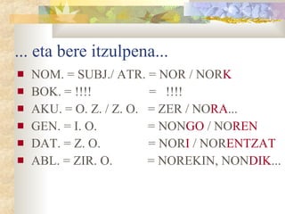 ... eta bere itzulpena... NOM. = SUBJ./ ATR. = NOR / NOR K BOK. = !!!!  =  !!!! AKU. = O. Z. / Z. O.  = ZER / NO RA ...  GEN. = I. O.  = NON GO  / NO REN   DAT. = Z. O.  = NOR I  / NOR ENTZAT ABL. = ZIR. O.  = NOREKIN, NON DIK ... 
