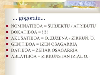 ... gogoratu... NOMINATIBOA = SUBJEKTU / ATRIBUTU BOKATIBOA = !!!! AKUSATIBOA = O. ZUZENA / ZIRKUN. O.  GENITIBOA = IZEN OSAGARRIA DATIBOA = ZEHAR OSAGARRIA ABLATIBOA = ZIRKUNSTANTZIAL O. 