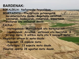 BARDENAK: KOKALEKUA: Nafarroako hegoaldean BEGETAZIOA:  Prezipitazio gutxiengatik karakterizatuta daude. Begetazio xerofilak, sabinarak, koskojarak, romeralak, espartalak, sisillarak eta ontinarak daude. FAUNA:  -Hornogabeak: Marraskiloak eta karramaroak. -Hornodunak: Arrainak, anfibioak eta narristak. 8 arraian mota, 3 anfibio mota eta 3 narrasti mota. Hegaztien artean bi mota daude: -Rapazak: 16 espezie mota. -Esterapio: 13 espezie mota daude. Hauetaz aparte 28 ugaztun mota daude. 