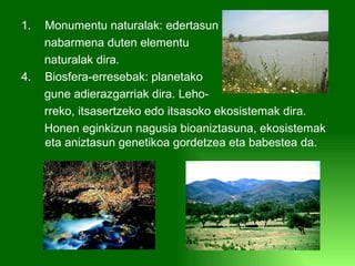 Monumentu naturalak: edertasun  nabarmena duten elementu  naturalak dira. Biosfera-erresebak: planetako gune adierazgarriak dira. Leho- rreko, itsasertzeko edo itsasoko ekosistemak dira. Honen eginkizun nagusia bioaniztasuna, ekosistemak eta aniztasun genetikoa gordetzea eta babestea da. 