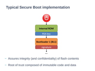 Typical Secure Boot implementation
Internal ROM
Bootloader 1 (BL1)
RSA key
signature
…
− Assures integrity (and confidentiality) of flash contents
− Root of trust composed of immutable code and data
 