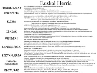 Euskal Herria
              BIZKAIA, ARABA,ETA GIPUZKOAK Euskal Autonomi Erkidegoa osatzen dute.
PROBINTZIAK   NAFARROAKO FORU ERKIDEGOA eta
              LAPURDI, BEHENAFARROA eta ZUBEROAK iparraldea osatzen dute.


 KOKAPENA
              Euskal Herria Europaren hego mendebaldean eta Iberiar Penintsularen iparraldean kokatzen da.
              Iparraldera Kantauri Itsasoa eta Frantzia ditu, hegoaldean Errioxa, ekialdean Aragoi eta mendebaldean Gaztela eta Leon eta Kantabria.

              -Lau klima bereizten dira:ATLANTIKOA, GOI-MENDIETAKOA, MEDITERRANEARRA eta BITARTEKOA.
              ATLANTIKOA:Bizkaia, Gipuzkoa, Araba, Nafarroako goialdea eta Iparraldea hartzen ditu.
                            Prezipitazio ugariak urte osoan eta tenperatura epela. Esparrurik populatuena da.

  KLIMA       GOI-MENDIETAKOA:Pirinioak eta Euskal Mendiak hartzen ditu. (klima Atlantiko Hotza)
                            Tenperatura hotzak neguan eta freskoak udan, prezipitazio ugari eta neguan elur modura.
              MEDITERRANEARRA:Arabako eta Nafarroako hegoaldea hartzen ditu.
                             Eguzki distiratsua, bero handia udan, fresko neguan eta udaldi lehorra.
              BITARTEKOA:Nafarroako erdialdean eta Arabako lautadan;biztanleria sakabanatuta,ez da hain jende gutxi bizi
              Alde ATLANTIKOko ibaiak laburrak eta emari handikoak dira, alde MEDITERRANEOkoak luzeak eta emari irregularrekoak dira.

  IBAIAK      Mendikateek mugatzen dute isurialdeen banalerroa; iparraldeko ibaiak BIZKAIKO GOLKOAN itsasoratzen dira, hegoaldeko ibaiak aldiz,
              Ebrorekin batera MEDITERRANEO ITSASORA heltzen dira.
              Euskal Herriko KOSTALDEA nahiko gorabeheratsua da.
              ERLIEBEA:Gorabeheratsua eta konplexua. Eremurik garaienak PIRINIOTAN daude eta hauek bukatzen diren lekuan garaiera txikiagoko

 MENDIAK      mendilerro eta mendikateak daude: EUSKAL MENDIAK.
              Alde Atlantikoan: Mendi txikiak eta haran ugari
              Ipar Euskal Herriko iparraldea,Iruñako Arroa,Arabako Lautada eta Ebroren Sakonunea dira eremurik baxuenak.
              Ugaria da. Eremu bakoitzeko klimari dagokiona. Orokorrean hostogalkorreko basoak dira nagusi.
              -Klima Atlantiko eremuetan paisaia beti berde dago, hariztiak eta pagadiak nagusi direlarik.

LANDAREDIA    -klima Mediterraneoko eremuetan, kostaldetik urrundu ahala, landaredia urrituz doa eta berdetasuna galtzen. Pago batzuk
              zumarra, ezkia, eta haginekin batera.
              -Mendialdeko eremuetan, landaredia oso ugaria da; pagoa, haritza eta lizarra gehien bat,pinuak eta izeiak ere.
              Aspaldi gure mendietan gero eta pinu eta eukalipto gehiago ikusten ditugu,gizonak landatutakoak etekin arinak lortzearren
              Ezberdin banatuta: biztanleriaren dentsitate handiena kostaldean dago, eta jarraian barnealdeko hiriburuetan. Landa inguruak, Behe Nafarroak

BIZTANLERIA   eta Zuberoak oso dentsitate baxua dute.
              Hiriak: biztanleriaren %80 hor bizi da; kostaldean herriak eta hiriak sarri daude, barnealdean aldiz biztanleria sakabanatuta bizi da.
              Eboluzioa – Hazkundea 1900etik 1975era izan zen eta zahartzen joan da 1975etik aurrera.
              LEHEN SEKTOREAK iraun egiten du. Araban, Nafarroan eta Iparraldean aritzen dira batez ere nekazaritzan, Atlantikoko kostaldean, aldiz,
  JARDUERA    abeltzaintza garatu da; Bermeo, Hondarribi, Donibane Lohitzune eta beste zenbait kostaldeko herrietan arrantzan aritzen dira.
              BIGARREN SEKTOREA: aberastasunen %40 sortzen du eta populazioaren herena ari da, desberdin banatuta dago; industria garrantzitsua da
 EKONOMIKOA   HIRUGARREN SEKTOREA: biztanleria aktiboaren %55ak sektore honetan dihardu. Zerbitzuak hazten ari dira eta turismoa azpaldi ugari
              zabaldu da.
              JAIAK: San Ferminak, Antzarrak, Zeledon, Sta. Ageda, Sto. Tomas, Danborrada…

 OHITURAK     PERTSONAIAK: Olentzero, Gargantua, Zanpantzarrak, Miel Otxin, Marijaia, Anbotoko Mari, Galtzagorriak…
              KIROLAK: sokatira, aizkolariak, txingak, pilota jokoak, harri-jasotzaileak, estropadak, segalariak, idi-probak…
 