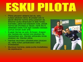 Pilota jokoaren aldaera bat da, esku hutsez jokatzen dena. Bi jokalari edo bi bikote elkarren kontra arituz jokatzen da. Elkarren aurka diharduten bi alde horiek, txandaka, pilota bat kolpatzen dute, pilotak horma bat (frontisa) jo dezan, harik eta bi aldeetako batek huts egin duelako besteak puntua lortzen duen arte. Euskal Herrian ez ezik, Errioxan, Aragoin eta Gaztela eta Leonen ere jokatzen da. Nazioartean ere, Irlandan antzerako kirola jokatzen da: Irlandar pilota. Hainbat neurritako pilotalekuetan jokatzen da, nahiz ezker paretakoetan nahiz trinketeetan. Munduan barrena, zesta punta modalitatea da ospetsuena. ESKU PILOTA 