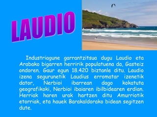 Industriagune garrantzitsua dugu Laudio eta 
Arabako bigarren herririk populatuena da, Gasteiz 
ondoren. Gaur egun 18.420 biztanle ditu. Laudio 
izena segurunetik Laudius erromatar izenetik 
dator, Nerbioi ibarrean dago kokatuta 
geografikoki, Nerbioi ibaiaren ibilbidearen erdian. 
Herriak haren urak hartzen ditu Amurriotik 
etorriak, eta hauek Barakaldorako bidean segitzen 
dute. 
 