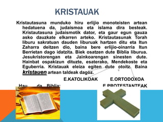 KRISTAUAK
Kristautasuna munduko hiru erlijio monoteisten artean
hedatuena da, judaismoa eta islama dira besteak.
Kristautasuna judaismotik dator, eta gaur egun gauza
asko dauzkate elkarren arteko. Kristautasunak Torah
liburu sakratuan dauden liburuak hartzen ditu eta Itun
Zaharra deitzen dio, baina bere erlijio-oinarria Itun
Berrietan dago idatzita. Biek osatzen dute Biblia liburua.
Jesukristorengan eta Jainkoarengan sinesten dute.
Hainbat ospakizun dituzte, esaterako, Mendekoste eta
Eguberria. Kristauak eleiza egiten dute otoitz. Baina
kristauen artean taldeak dagoz.
E.KATOLIKOAK E.ORTODOXOA
Hau da Biblia: E.PROTESTANTEAK
E.ANGLIKANOA
 
