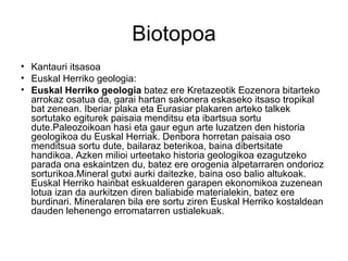 Biotopoa
• Kantauri itsasoa
• Euskal Herriko geologia:
• Euskal Herriko geologia batez ere Kretazeotik Eozenora bitarteko
  arrokaz osatua da, garai hartan sakonera eskaseko itsaso tropikal
  bat zenean. Iberiar plaka eta Eurasiar plakaren arteko talkek
  sortutako egiturek paisaia menditsu eta ibartsua sortu
  dute.Paleozoikoan hasi eta gaur egun arte luzatzen den historia
  geologikoa du Euskal Herriak. Denbora horretan paisaia oso
  menditsua sortu dute, bailaraz beterikoa, baina dibertsitate
  handikoa. Azken milioi urteetako historia geologikoa ezagutzeko
  parada ona eskaintzen du, batez ere orogenia alpetarraren ondorioz
  sorturikoa.Mineral gutxi aurki daitezke, baina oso balio altukoak.
  Euskal Herriko hainbat eskualderen garapen ekonomikoa zuzenean
  lotua izan da aurkitzen diren baliabide materialekin, batez ere
  burdinari. Mineralaren bila ere sortu ziren Euskal Herriko kostaldean
  dauden lehenengo erromatarren ustialekuak.
 
