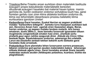 • Triasikoa:Behe-Triasiko aroan aurkitzen diren materialek badituzte
  ezaugarri propio batzukbeste materialetatik bereizten
  dituztenak.ezaugarri hauetako bat material hauen kolore marroi-
  gorrixka da, burdin oxidoaren ondorioz sortutakoa.Guzti hau, garai
  horietan gertatu izan ziren klima aldaketa bortitzen ondorioa da,
  klima oso lehorretatik (desertizazio prozesu batetatik) klima
  euritsuetara igarotzen zirelari
-   Karboniferoa:Garai honetan, Euskal Herrian ez zegoen praktikoki
    inolako “karbonifero biltegirik”, bertoko lurra itsaspean aurkitzen bait
    zen, Devonico Aroan hain ugariak ziren itsasoetan alegia. Beraz,
    horren ondorioz, ez zegoen inolako landare motarik. Aro honen
    amaieran, duela 280m.u., itsas barneko lurzoruak igoarazten dituen
    mugimendu orogeneikoak ematen hasi ziren, uharteak sortu
    zirelarik,gaur egun nahiko ezagunak diren Aldude eta Cinco Villas
    besteak beste. Aipatutakoaren ondorioz, azkenengo 6m.urtetatik,
    Larun eta Etxalarko zenbait tokitan bakarik aurki daitezke garai
    honetako ikatz arrastoak.
-   Prekanbrikoa:Gure planetako lehen lurzoruaren sorrera prozesuan,
    labaren ondorioz gori-gorian zeuden materialekin batera lehenengo
    silikato blokeak agertu ziren. Garai honetako arrokak Gneis izeneko
    materalaz osatuta zeuden (feldespato potasikoa, kuartzoa, biotita eta
    plagioklasak)
 