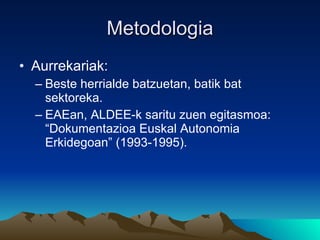 Metodologia <ul><li>Aurrekariak: </li></ul><ul><ul><li>Beste herrialde batzuetan, batik bat sektoreka. </li></ul></ul><ul>...