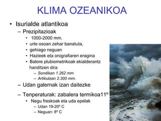 KLIMA OZEANIKOAIsurialde atlantikoaPrezipitazioak 1000-2000 mm. urte osoan zehar banatuta, gehiago neguanHazieek eta orografiaren eraginaBalore plubiometrikoak ekialderantz    handitzen diraSondikan 1.262 mmArtikutzan 2.300 mm.Udan galernak izan daitezkeTenperaturak: zabalera termikoa11º C Negu freskoak eta uda epelak Udan 19-20º CNeguan: 8º C