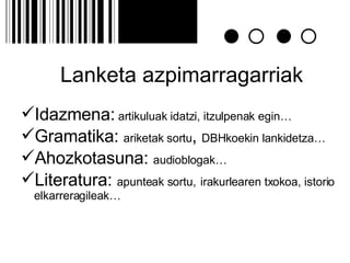 Lanketa azpimarragarriak Idazmena:  artikuluak idatzi, itzulpenak egin…  Gramatika:  ariketak sortu ,  DBHkoekin lankidetza… Ahozkotasuna:  audioblogak… Literatura:  apunteak sortu,   irakurlearen txokoa, istorio elkarreragileak… 