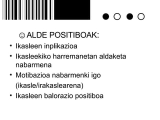 ☺ ALDE POSITIBOAK : Ikasleen inplikazioa Ikasleekiko harremanetan aldaketa nabarmena Motibazioa nabarmenki igo (ikasle/irakaslearena) Ikasleen balorazio positiboa 