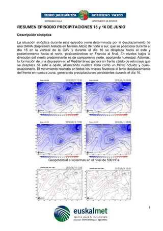 RESUMEN EPISODIO PRECIPITACIONES 15 y 16 DE JUNIO
Descripción sinóptica

La situación sinóptica durante este episodio viene determinada por el desplazamiento de
una DANA (Depresión Aislada en Niveles Altos) de norte a sur, que se posiciona durante el
día 15 en la vertical de la CAV y durante el día 16 se desplaza hacia el este y
posteriormente hacia el norte, posicionándose en Francia al final. En niveles bajos la
dirección del viento predominante es de componente norte, aportando humedad. Además,
la formación de una depresión en el Mediterráneo genera un frente cálido de retroceso que
se desplaza de este a oeste, alcanzando nuestra zona como un frente ocluido y cuasi-
estacionario. El movimiento rotatorio en todos los niveles favorece el lento desplazamiento
del frente en nuestra zona, generando precipitaciones persistentes durante el día 16.




                     Geopotencial e isotermas en el nivel de 500 hPa




                                                                                         1
 