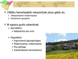 1960ko hamarkadatik nekazaritzak pisua galdu du.<br /> Nekazaritzaren modernizazioa<br />Industriaren garapena<br />Bi ego...