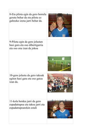 8-Eta pilota egin da gero horrela
geratu behar da eta pilota ez
galtzeko izena jarri behar da.

9-Pilota egin da gero jolasten
hasi gara eta oso dibertigarria
eta oso ona izan da jokoa

10-gero jolastu da gero takoak
egiten hasi gara eta oso gatza
izan da.

11-kola berdea jarri da gero
espadatrapoa eta takoa jarri eta
espadatrapoarekin estali

 