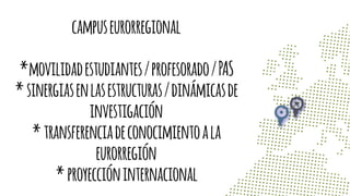 campuseurorregional
*movilidadestudiantes/profesorado/PAS
*sinergiasenlasestructuras/dinámicasde
investigación
*transferenciadeconocimientoala
eurorregión
*proyeccióninternacional
 