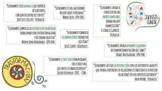 “Euskampusfomenta
colaboracionesdondeno
existían”
JesúsCortés.Biocruces.
“Euskampustejelamallaquesoporta
actuaciones
conjuntasentredistintos”
JoséLuisVillate.Tecnalia.
“Euskampusestructuracomunidades
sinestructura
queantesestabandispersas”
JavierAizpurua.DIPC-CFM.
“Euskampusimpulsalainterdisciplinariedad
trabajandoconintencionalidad
ydeformacreativa”
MirenJoneHernández.UPV/EHU.
“Euskampusayudaa
confluirenun
marcoamigable
dondenohay
competición”
EstibalizGarrote.
Tecnalia.
“Euskampusactivalainteracciónconlosdiferentesagentes
queayudaareforzarlasrelacionesestablecidasoainiciar
relacionesenuncontextodiferente”
AnaAyerbe.Tecnalia.
“Euskampusayudaaromperesquemas
decompartimentacióndelsaber”
IñakiAntigüedad.UPV/EHU.
“Euskampusesunsacodonde
buscarideasypersonas”
ManuSoto.UPV/EHU.
 
