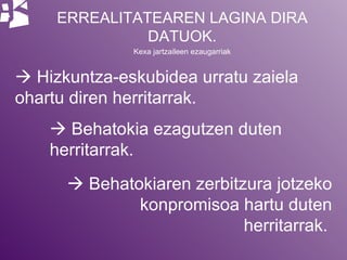 ERREALITATEAREN LAGINA DIRA DATUOK. Kexa jartzaileen ezaugarriak    Hizkuntza-eskubidea urratu zaiela ohartu diren herritarrak.    Behatokia ezagutzen duten herritarrak.    Behatokiaren zerbitzura jotzeko konpromisoa hartu duten herritarrak.   