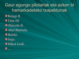 Gaur egungo pilotariak eta azken bi hamarkadetako txapeldunak Retegi II. Titin III. Olaizola II. Abel Barriola. Beloki. Irujo. Mikel Goñi. … 