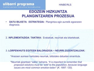EDOZEIN HIZKUNTZA PLANGINTZAREN PROZESUA DATU BILKETA :  ESTRATEGIA:   Plangintza egin aurretik egoeraren diagnosia.  2. I NPLEMENTAZIOA :  TAKTIKA:  Erabakiak, neurriak eta bitartekoak. 3.  LORPEN/HUTS EGITEEN BALORAZIOA  +  NEURRI ZUZENTZAILEAK:   *Arazoen aurrean hartutako neurriak, bildutako datuetan oinarrituta. *Neurriak gizarteari “saldu” beharra.  “It is important to remember that proposed solutions must be ‘sold’ to the population, because language issues are most common emotion-laden” (K. 1997: 120). HINBE/RLS 