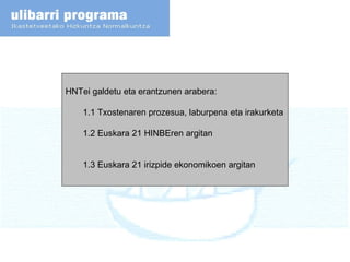 HNTei galdetu eta erantzunen arabera: 1.1 Txostenaren prozesua, laburpena eta irakurketa 1.2 Euskara 21 HINBEren argitan 1.3 Euskara 21 irizpide ekonomikoen argitan 