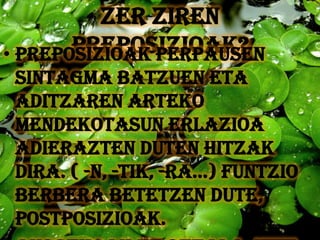 ZER ZIREN
       PREPOSIZIOAK?
• Preposizioak perpausen
 sintagma batzuen eta
 aditzaren arteko
 mendekotasun erlazioa
 adierazten duten hitzak
 dira. ( -N, -TIK, -RA...) funtzio
 berbera betetzen dute,
 postposizioak.
 