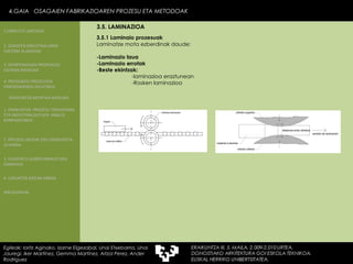 3.5.1 Laminaio prozesuak Laminatze mota ezberdinak daude: -Laminazio laua -Laminazio errotak -Beste ekintzak: -laminazioa eraztunean -Rosken laminazioa 4.GAIA  OSAGAIEN FABRIKAZIOAREN PROZESU ETA METODOAK Egileak: Ioritz Aginako, Izarne Elgezabal, Unai Etxebarria, Unai Jauregi, Iker Martínez, Gemma Martínez, Aitzol Perez, Ander Rodriguez 3.5. LAMINAZIOA 2. GARAPEN INDUSTRIALAREN  FAKTORE KLASIKOAK 3.  KONPOSAGAIEN PRODUKZIO SISTEMA BASIKOAK 4.  PRODUKZIO PROZESUEN ERRENDIMENDU ERLATIBOA 1. ERAIKUNTZA  PROZESU TRADIZIONAL ETA INDUSTRIALIZATUEN  ANALISI KONPARATIBOA 3. ELEMENTU AURREFABRIKATUEN GARRAIOA 4. LAGUNTZA BIDEAK OBRAN ERAIKUNTZA MUNTAIA MODURA 2. PROZESU HEZEAK EDO ERAIKUNTZA LEHORRA BIBLIOGRAFIA 1.OBRA ETA LANTEGIA 