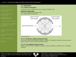3.5.1.2 Molinos laminadores Laminazio errotak rodillo kopuruaren arabera saikaltzen dira. Laminadore bateratua   Laminazio errota motak: Bi edo hiru rodilloko laminazio errotak Lau rodilloko laminazio errotak 3.5.1.2.1. Bi edo hiru rodilloko laminazio errotak Laminazio beroko lehenengoko faseetan erabilia. 3 faseetako laminazio errotak zentzua aldatu dezake modu honetan zabalerak txikituz. 3.5.1.2.2. Lau rodilloko laminazio errotak Hauek, diametro txikiko rodilloak laminazio indarrak txikitzeko erabiltzen dira, zabalerak txikitzeko. 4.GAIA  OSAGAIEN FABRIKAZIOAREN PROZESU ETA METODOAK Egileak: Ioritz Aginako, Izarne Elgezabal, Unai Etxebarria, Unai Jauregi, Iker Martínez, Gemma Martínez, Aitzol Perez, Ander Rodriguez 3.5. LAMINAZIOA 2. GARAPEN INDUSTRIALAREN  FAKTORE KLASIKOAK 3.  KONPOSAGAIEN PRODUKZIO SISTEMA BASIKOAK 4.  PRODUKZIO PROZESUEN ERRENDIMENDU ERLATIBOA 1. ERAIKUNTZA  PROZESU TRADIZIONAL ETA INDUSTRIALIZATUEN  ANALISI KONPARATIBOA 3. ELEMENTU AURREFABRIKATUEN GARRAIOA 4. LAGUNTZA BIDEAK OBRAN ERAIKUNTZA MUNTAIA MODURA 2. PROZESU HEZEAK EDO ERAIKUNTZA LEHORRA BIBLIOGRAFIA 1.OBRA ETA LANTEGIA 