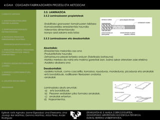 Abantailak: -Erresistentzia mekaniko oso ona -Produktibitate haundia -Zehastasuna piezak lortzeko orduan (fabrikazio batasuna) -Nahiko merkea da nahiz eta makina garestiak izan, baina azkar ateratzen zaie etekina -Azaleko akabera ona Desabantailak:  -azaleko katsak, como cascarilla, korrosioa, rayaduras, mordeduras, picaduras eta arrakalak -ertz borobilduak, rodilloaren flexioaren ondorioz -arrakalak 3.5.3 Laminazioaren eta desabantailak Laminazioko akats arruntak: a)  ertz borobilduak. b)  Piezaren erdialden piko formako arrakalak. c)  arrakalak ertzetan. d)  Hojeamientos. 3.5.2 Laminazioaren propietateak -Erabilitako granoaren tamainuaren txikitzea -Korrosioarekiko erresistentzia haundia -tolerantzia dimentsionala -kanpo azal zakarra edo latza 4.GAIA  OSAGAIEN FABRIKAZIOAREN PROZESU ETA METODOAK Egileak: Ioritz Aginako, Izarne Elgezabal, Unai Etxebarria, Unai Jauregi, Iker Martínez, Gemma Martínez, Aitzol Perez, Ander Rodriguez 3.5. LAMINAZIOA 2. GARAPEN INDUSTRIALAREN  FAKTORE KLASIKOAK 3.  KONPOSAGAIEN PRODUKZIO SISTEMA BASIKOAK 4.  PRODUKZIO PROZESUEN ERRENDIMENDU ERLATIBOA 1. ERAIKUNTZA  PROZESU TRADIZIONAL ETA INDUSTRIALIZATUEN  ANALISI KONPARATIBOA 3. ELEMENTU AURREFABRIKATUEN GARRAIOA 4. LAGUNTZA BIDEAK OBRAN ERAIKUNTZA MUNTAIA MODURA 2. PROZESU HEZEAK EDO ERAIKUNTZA LEHORRA BIBLIOGRAFIA 1.OBRA ETA LANTEGIA 