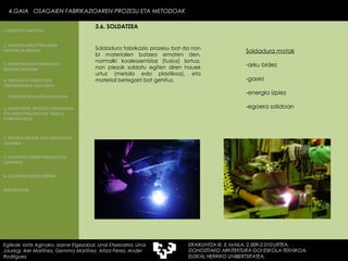 Soldadura fabrikazio prozesu bat da non bi materialen batzea ematen den, normalki koaleszentziaz (fusioz) lortua, non piezak soldatu egiten diren hauek urtuz (metala edo plastikoa), eta material betegarri bat gehituz.  Soldadura motak -arku bidez -gasez -energia izpiez -egoera solidoan 4.GAIA  OSAGAIEN FABRIKAZIOAREN PROZESU ETA METODOAK Egileak: Ioritz Aginako, Izarne Elgezabal, Unai Etxebarria, Unai Jauregi, Iker Martínez, Gemma Martínez, Aitzol Perez, Ander Rodriguez 3.6. SOLDATZEA 2. GARAPEN INDUSTRIALAREN  FAKTORE KLASIKOAK 3.  KONPOSAGAIEN PRODUKZIO SISTEMA BASIKOAK 4.  PRODUKZIO PROZESUEN ERRENDIMENDU ERLATIBOA 1. ERAIKUNTZA  PROZESU TRADIZIONAL ETA INDUSTRIALIZATUEN  ANALISI KONPARATIBOA 3. ELEMENTU AURREFABRIKATUEN GARRAIOA 4. LAGUNTZA BIDEAK OBRAN ERAIKUNTZA MUNTAIA MODURA 2. PROZESU HEZEAK EDO ERAIKUNTZA LEHORRA BIBLIOGRAFIA 1.OBRA ETA LANTEGIA 