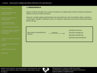 Egoera anitzak daudela eta, prozesu konkretuen analisientzako kriterio orokorren ezarpena egitea ez dauka inolako zentzurik.  Hala ere, analisia egitea ezinbestekoa da errendimendu altu bat lortzeko. Beraz, eskakizun funtzionalen, legalen, estetikoen etab.-en arabera, ebaluatze parametro batzuk edo beste ipiniko ditugu. EBALUAKETA PARAMETROAK FINKATU funtzioan ESKAKIZUN LEGALAK ESKAKIZUN TEKNIKOAK ESKAKIZUN ESTETIKOAK ESKAKIZUN EKONOMIKOAK 4.GAIA  OSAGAIEN FABRIKAZIOAREN PROZESU ETA METODOAK Egileak: Ioritz Aginako, Izarne Elgezabal, Unai Etxebarria, Unai Jauregi, Iker Martínez, Gemma Martínez, Aitzol Perez, Ander Rodriguez 4. ERRENDIMENTUA 2. GARAPEN INDUSTRIALAREN  FAKTORE KLASIKOAK 3.  KONPOSAGAIEN PRODUKZIO SISTEMA BASIKOAK 4.  PRODUKZIO PROZESUEN ERRENDIMENDU ERLATIBOA 1. ERAIKUNTZA  PROZESU TRADIZIONAL ETA INDUSTRIALIZATUEN  ANALISI KONPARATIBOA 3. ELEMENTU AURREFABRIKATUEN GARRAIOA 4. LAGUNTZA BIDEAK OBRAN ERAIKUNTZA MUNTAIA MODURA 2. PROZESU HEZEAK EDO ERAIKUNTZA LEHORRA BIBLIOGRAFIA 1.OBRA ETA LANTEGIA 