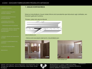 Sistema industrializatu hauen bidez itxitura eta banaketak epe laburrean egin daitezke, era honetan gastuak murriztuz. Prozesu azkar eta ekonomikoak www.tectonica.es www.mundoseco.com 4.GAIA  OSAGAIEN FABRIKAZIOAREN PROZESU ETA METODOAK Egileak: Ioritz Aginako, Izarne Elgezabal, Unai Etxebarria, Unai Jauregi, Iker Martínez, Gemma Martínez, Aitzol Perez, Ander Rodriguez 1. ANALISI KONPARATIBOA -   Itxitura eta banaketa elementu industrializatuak : www.alumipro.com www.alumipro.com 2. GARAPEN INDUSTRIALAREN  FAKTORE KLASIKOAK 3.  KONPOSAGAIEN PRODUKZIO SISTEMA BASIKOAK 4.  PRODUKZIO PROZESUEN ERRENDIMENDU ERLATIBOA 1. ERAIKUNTZA  PROZESU TRADIZIONAL ETA INDUSTRIALIZATUEN  ANALISI KONPARATIBOA 3. ELEMENTU AURREFABRIKATUEN GARRAIOA 4. LAGUNTZA BIDEAK OBRAN ERAIKUNTZA MUNTAIA MODURA 2. PROZESU HEZEAK EDO ERAIKUNTZA LEHORRA BIBLIOGRAFIA 1.OBRA ETA LANTEGIA 