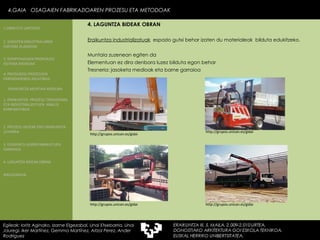 Eraikuntza industrializatuak   espazio gutxi behar izaten du materialeak  bilduta edukitzeko.   Elementuan ez dira denbora luzez bilduta egon behar Tresneria: jasoketa medioak eta barne garraioa Muntaia zuzenean egiten da http://grupos.unican.es/gidai http://grupos.unican.es/gidai http://grupos.unican.es/gidai http://grupos.unican.es/gidai http://grupos.unican.es/gidai 4.GAIA  OSAGAIEN FABRIKAZIOAREN PROZESU ETA METODOAK Egileak: Ioritz Aginako, Izarne Elgezabal, Unai Etxebarria, Unai Jauregi, Iker Martínez, Gemma Martínez, Aitzol Perez, Ander Rodriguez 4. LAGUNTZA BIDEAK OBRAN 2. GARAPEN INDUSTRIALAREN  FAKTORE KLASIKOAK 3.  KONPOSAGAIEN PRODUKZIO SISTEMA BASIKOAK 4.  PRODUKZIO PROZESUEN ERRENDIMENDU ERLATIBOA 1. ERAIKUNTZA  PROZESU TRADIZIONAL ETA INDUSTRIALIZATUEN  ANALISI KONPARATIBOA 3. ELEMENTU AURREFABRIKATUEN GARRAIOA 4. LAGUNTZA BIDEAK OBRAN ERAIKUNTZA MUNTAIA MODURA 2. PROZESU HEZEAK EDO ERAIKUNTZA LEHORRA BIBLIOGRAFIA 1.OBRA ETA LANTEGIA 