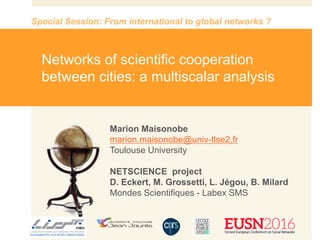 Marion Maisonobe
marion.maisonobe@univ-tlse2.fr
Toulouse University
NETSCIENCE project
D. Eckert, M. Grossetti, L. Jégou, B. Milard
Mondes Scientifiques - Labex SMS
Networks of scientific cooperation
between cities: a multiscalar analysis
Special Session: From international to global networks ?
 