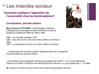 + Les insectes sociaux
Comment expliquer l’apparition de
 l’eusocialité chez les hyménoptères?

 Contestation: parenté relative
 Rémy Chauvin (1913-2009) – Entomologiste, professeur
 d’éthologie et de sociologie animale et directeur du labo de
 biologie de l’abeille de l’INRA de 1948 à 1964.

 1982 – Les Sociétés animales, PUF.
 1988 – Dieu des fourmis, dieu des étoiles, Éditions du Pré-aux-
 Clecs.
 1997 – Le darwinisme ou la fin d’un mythe, Edition du Rocher.


  - Le phénotype des ouvrières est très mélangé du point de vue paternel
 (reine fécondée par plusieurs mâles).


 - Les insectes sociaux polygynes (nombreuses espèces de fourmis – ex. Formica polyctena) :
 colonies d’un million d’individus avec 5000 reines dont chacune a pu s’accoupler avec +- 10 mâles

  certaines ouvrières peuvent n’avoir aucun patrimoine génétique commun.
 