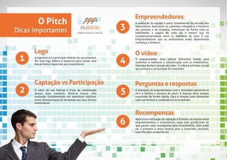 Empreendedores

O Pitch

Dicas importantes

www.eusocio.com.br

3

investidores. Apresente os caminhos trilhados e o histórico
complementariedade entre os membros do time. É nos
Empreendedores que os investidores estão depositando

1

Logo
boa primeira impressão aos investidores.

4

O vídeo
O empreendedor deve utilizar diferentes formas para
aumentar e melhorar a comunicação com os investidores.
que provoca a curiosidade do investidor.

2

Captação vs Participação

5

Perguntas e respostas
A interação do empreendedor com o investidor aproxima os
dois e facilita o sucesso do pitch. A Startup deve sempre

como demonstração de seriedade aos seus futuros
investidores.

6

Recompensas
que ganhar uma recompensa pelo investimento. Esse pode

 
