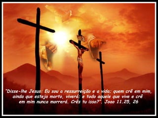“ Disse-lhe Jesus: Eu sou a ressurreição e a vida; quem crê em mim, ainda que esteja morto, viverá; e todo aquele que vive e crê  em mim nunca morrerá. Crês tu isso?”. Joao 11.25, 26 