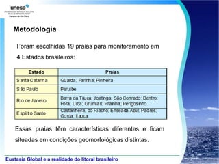 Metodologia

Foram escolhidas 19 praias para monitoramento em
4 Estados brasileiros:




Essas praias têm características diferentes e ficam
situadas em condições geomorfológicas distintas.
 