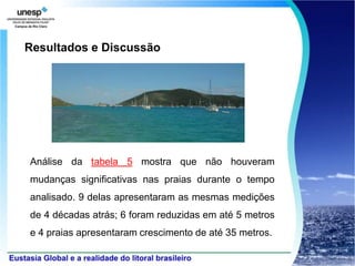 Resultados e Discussão




Análise da tabela 5 mostra que não houveram
mudanças significativas nas praias durante o tempo
analisado. 9 delas apresentaram as mesmas medições
de 4 décadas atrás; 6 foram reduzidas em até 5 metros
e 4 praias apresentaram crescimento de até 35 metros.
 