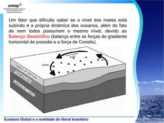Um fator que dificulta saber se o nível dos mares está
subindo é a própria dinâmica dos oceanos, além do fato
de nem todos possuírem o mesmo nível, devido ao
Balanço Geostrófico (balanço entre as forças do gradiente
horizontal de pressão e a força de Coriolis).
 