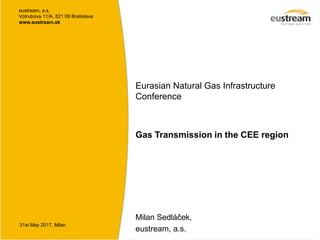 eustream, a.s.
Votrubova 11/A, 821 09 Bratislava
www.eustream.sk
Eurasian Natural Gas Infrastructure
Conference
Gas Transmission in the CEE region
Milan Sedláček,
eustream, a.s.
31st May 2017, Milan
 