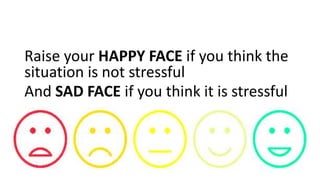 Raise your HAPPY FACE if you think the
situation is not stressful
And SAD FACE if you think it is stressful
 
