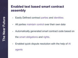 - Easily Defined contract parties and identities
- All parties maintain control over their own data
- Automatically generated smart contract code based on
the smart obligations and rights.
- Enabled quick dispute resolution with the help of AI
agents
Enabled text based smart contract
assembly
TheNearFuture
 