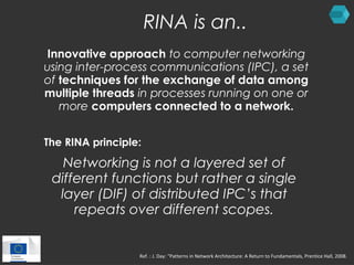 RINA is an.. 
Innovative approach to computer networking 
using inter-process communications (IPC), a set 
of techniques for the exchange of data among 
multiple threads in processes running on one or 
more computers connected to a network. 
The RINA principle: 
Networking is not a layered set of 
different functions but rather a single 
layer (DIF) of distributed IPC’s that 
repeats over different scopes. 
Ref. : J. Day: “Patterns in Network Architecture: A Return to Fundamentals, Prentice Hall, 2008. 
 
