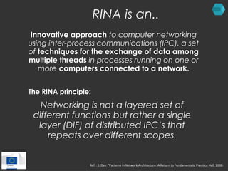 RINA is an.. 
Innovative approach to computer networking 
using inter-process communications (IPC), a set 
of techniques f...